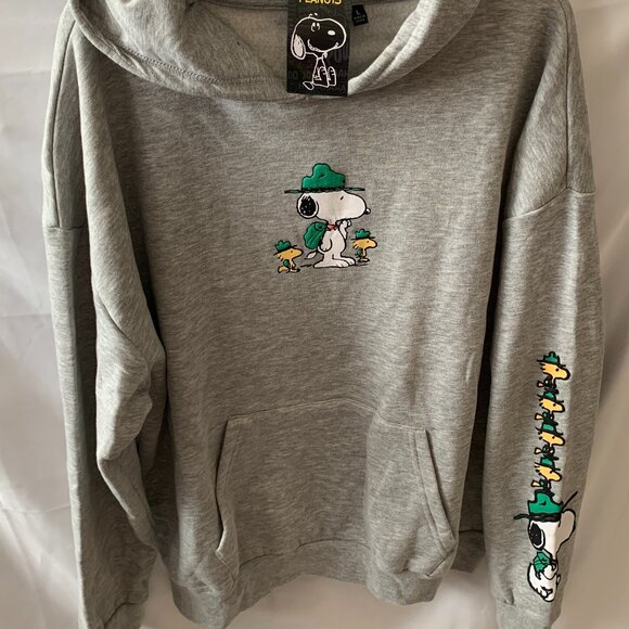 PEANUTS Snoopy Camp Scouts Fleece Lined Hoodie in Heather Grey Sz LARGE - Picture 2 of 5
